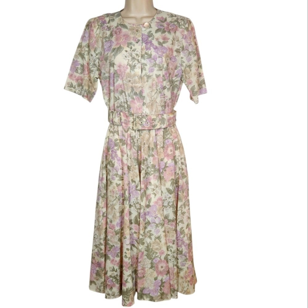 Vintage 80s Floral Midi Dress Size 12 Cottagecore Prairie Grandmacore Office
